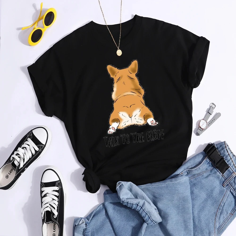 Sprechen Sie mit dem Fluff Kawaii Corgi Print Damen T-Shirt Sommer Bequemes T-Shirt Straße Hip Hop Tops T-Shirt Atmungsaktives cooles Top
