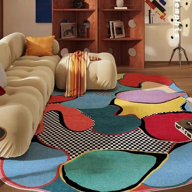 Speziell geformter Wohnzimmerteppich, buntes Dopamin, unregelmäßiges Sofa, Couchtisch, Bodenmatte, niedliche Kinderdekoration, Plüschteppich Lain Turismo Image