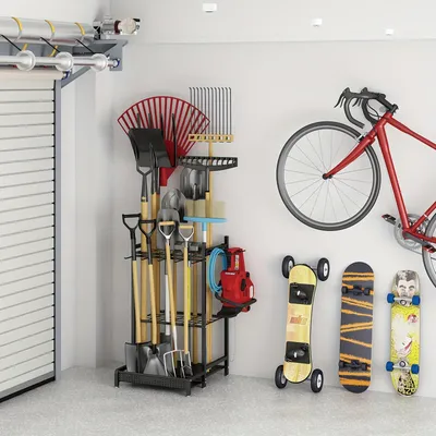 Garage garden tool organizing rack, tool storage rack with hooks, metal yard tool rack