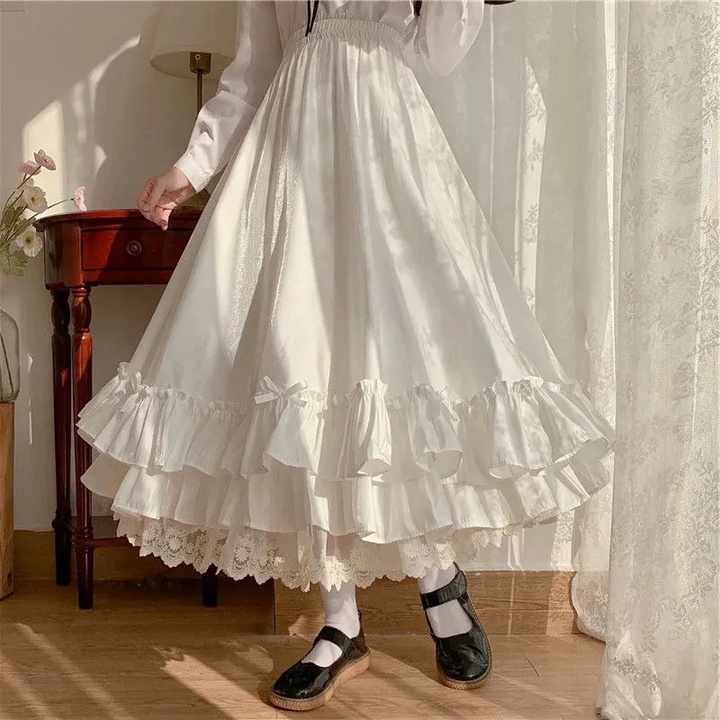 Gonna longuette dolce moda donna patchwork in pizzo fiocco preppy autunno gonne casual larghe gonna chic solida a vita alta con volant giapponese