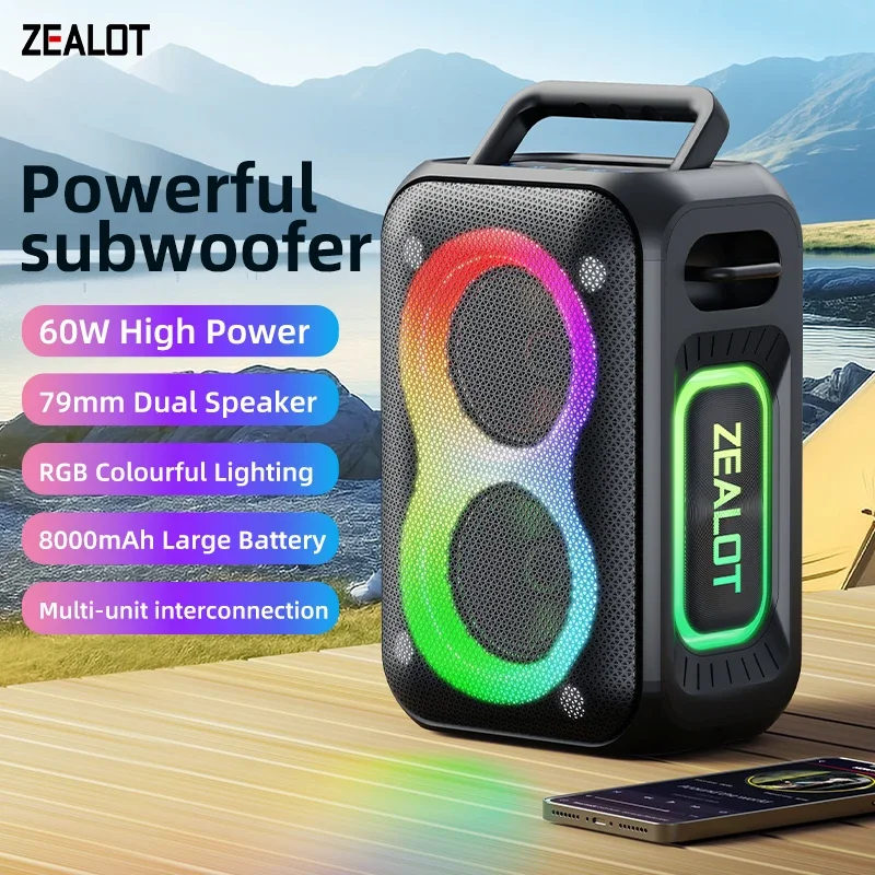 Zealot-PT02 60W Speaker Portable Bluetooth Speaker with Enhanced Bass, Bluetooth 5.4, 12H Playtime, for Camping Hiking