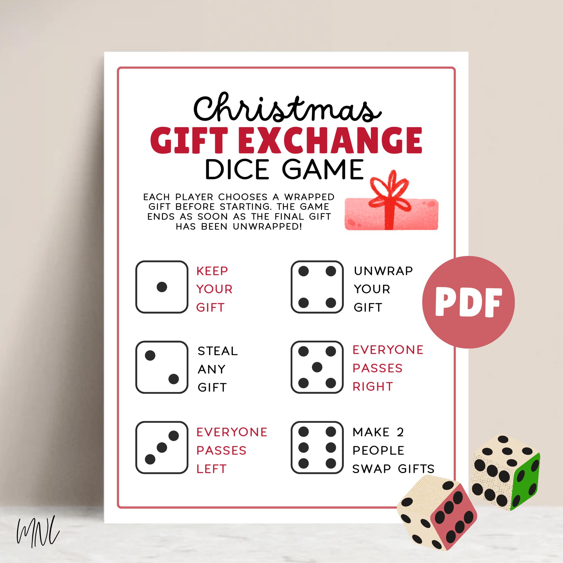 Gioco di dadi per lo scambio di regali di Natale, gioco di scambio di regali di Natale stampabile, attività natalizie, gioco di dadi di Natale