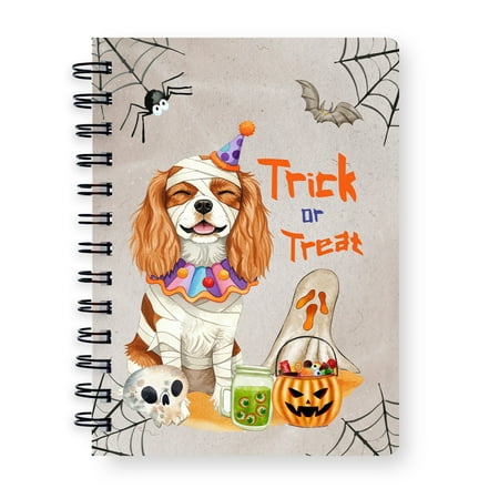 Trick or Treat Cavalier King Charles Spaniel Mummy Cosplay Pumpkin Candy Basket Spiral Bound Journal Dog Lover Gifts 5x7in Spiral Notebook - 12016