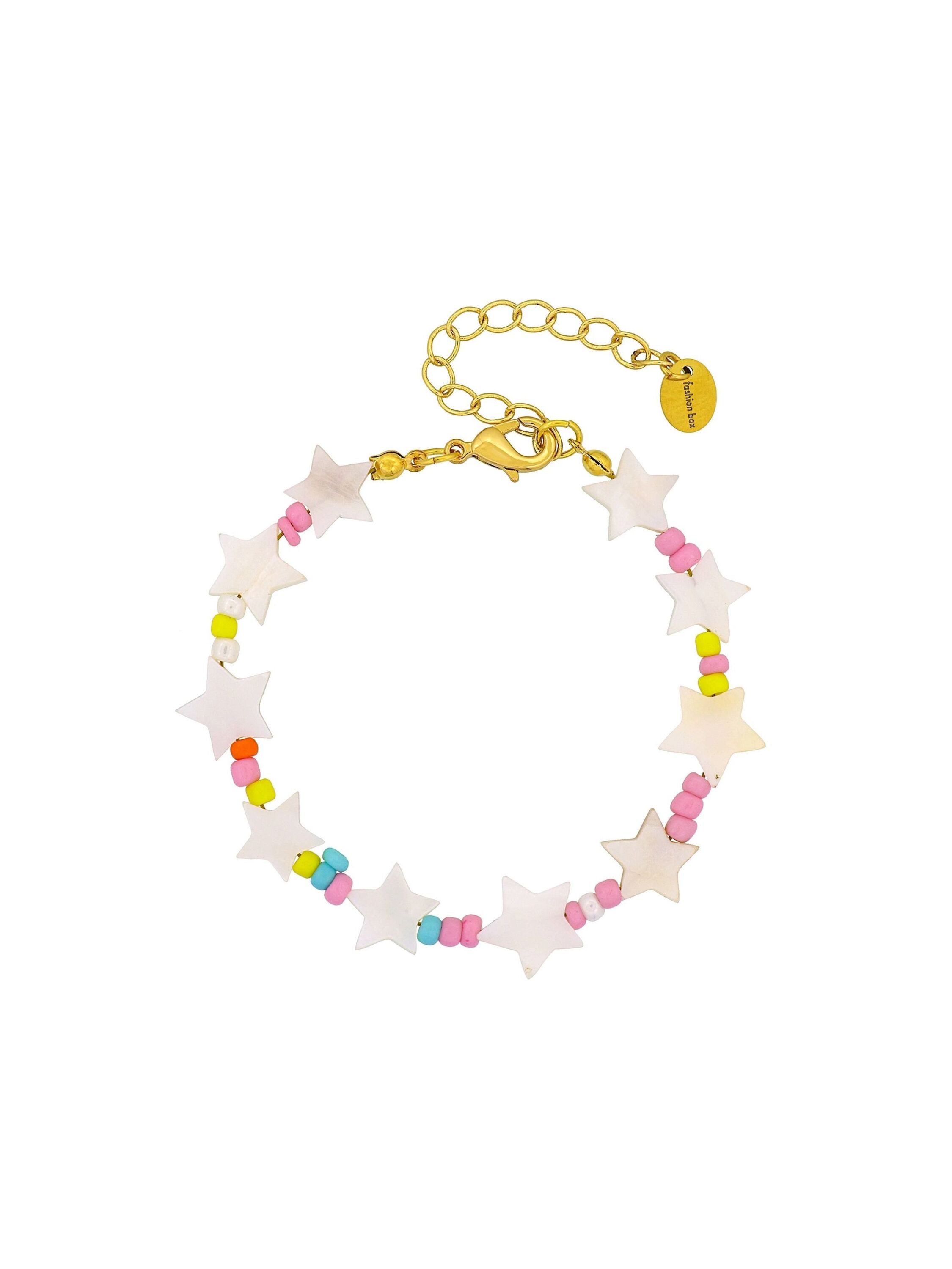 Fashionbox Armband Messing mit weissen Sternen und Perlen in pastell Image