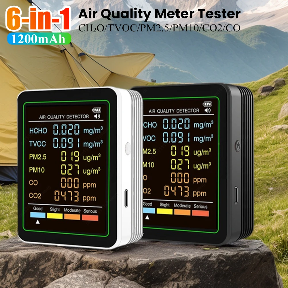 6-in-1-Luftqualitätsmonitor CO2-Messgerät CO TVOC HCHO PM2,5 PM1,0 PM10 Temperatur- und Luftfeuchtigkeitsmessung Kohlendioxiddetektor Image
