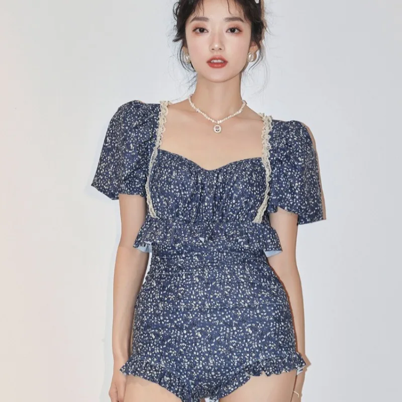 Badeanzug für Damen mit reinem Verlangen, High-End-Feeling, sexy, rückenfrei, Blumenmuster, geraffter Rock-Stil, einteiliger Strand-Badeanzug Image