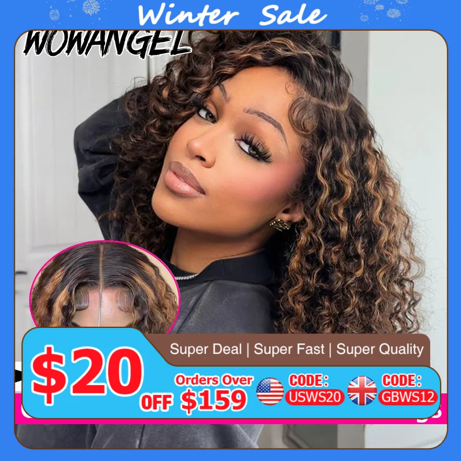 WOWANGEL Pixie-Lockenperücken, 5 x 5 HD-Spitzenverschluss-Perücke, 1B/30, Highlight-Farbe, kurze Bob-Perücken, vorgezupft, 250 % Jerry Curly, leimlose Perücke Image