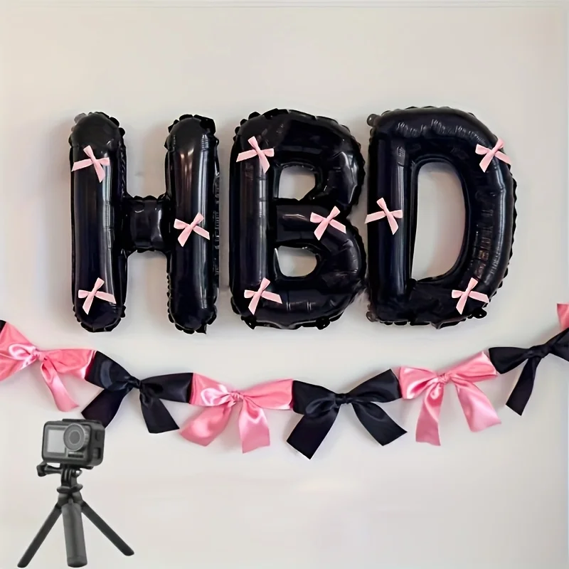 16 Zoll schwarzes Buchstaben-Set „Happy Birthday“ mit rosa Schleife, Dekoration für Festivals, Partys, Überraschungsgeschenke, Foto-Requisiten Image