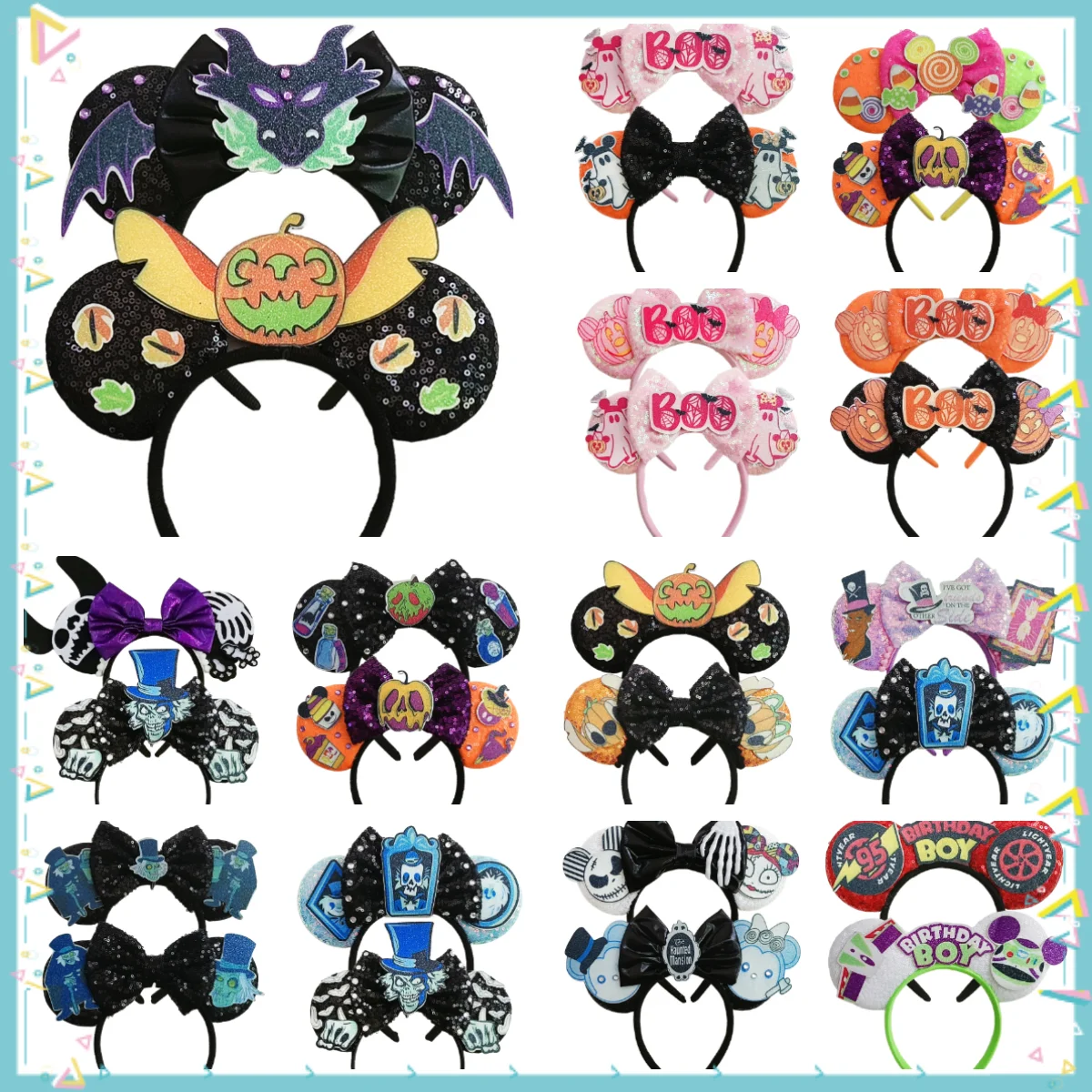 2 Stück Halloween Mickey Mouse Ohren Stirnband für Mädchen Frauen Cosplay Haarbänder Geisterfledermaus Skelett Festival Party Haarschmuck Image