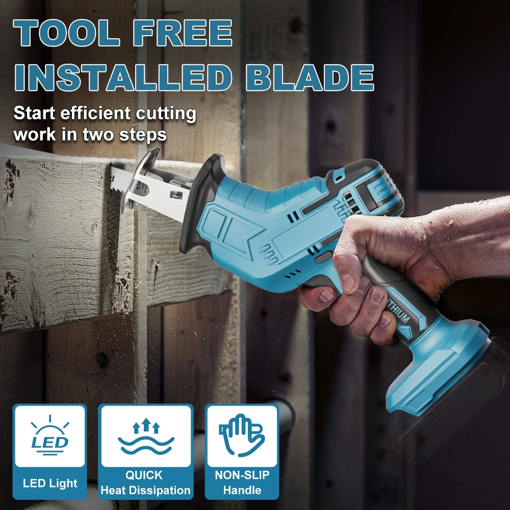 Akku-Säbelsäge, einstellbare Geschwindigkeit, mit Sägeblättern für Holz, Metall, PVC-Rohrschneide, Elektrowerkzeug für Makita 18 V Akku Image