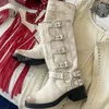 Vintage Kniehohe Stiefel Gürtelschnallen Mode Neuheit Bequemes Echtes Leder Einfarbig Runde Kappe Chunky Heels Frauen Schuhe