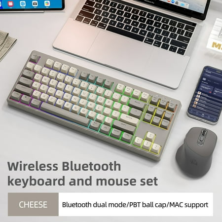 FREEWOLF M87 Wireless Keyboard and Mouse Set 87keys Bluetooth Dual Mode Keyboard Mouse Kit with Rainbow-light RGB PBT Ballcaps