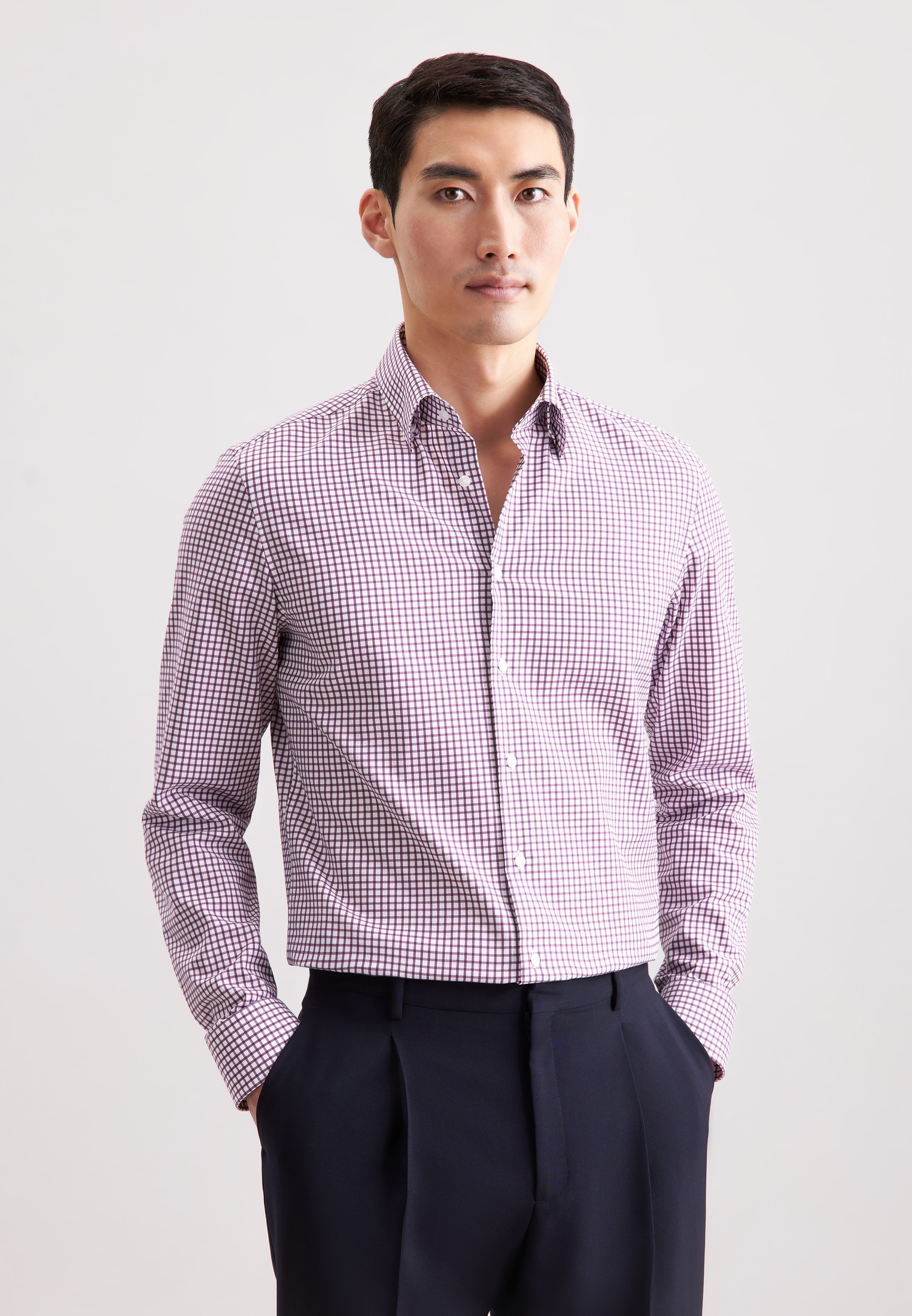 Businesshemd SEIDENSTICKER "Schwarze Rose", Herren, Gr. S (37), normale Ärmellängen, lila, 100% Baumwolle, kariert, slim fit, 2-Knopf-Manschette, Hemden, Slim 1/1 Covered-Button-Down-Kragen Karo Image