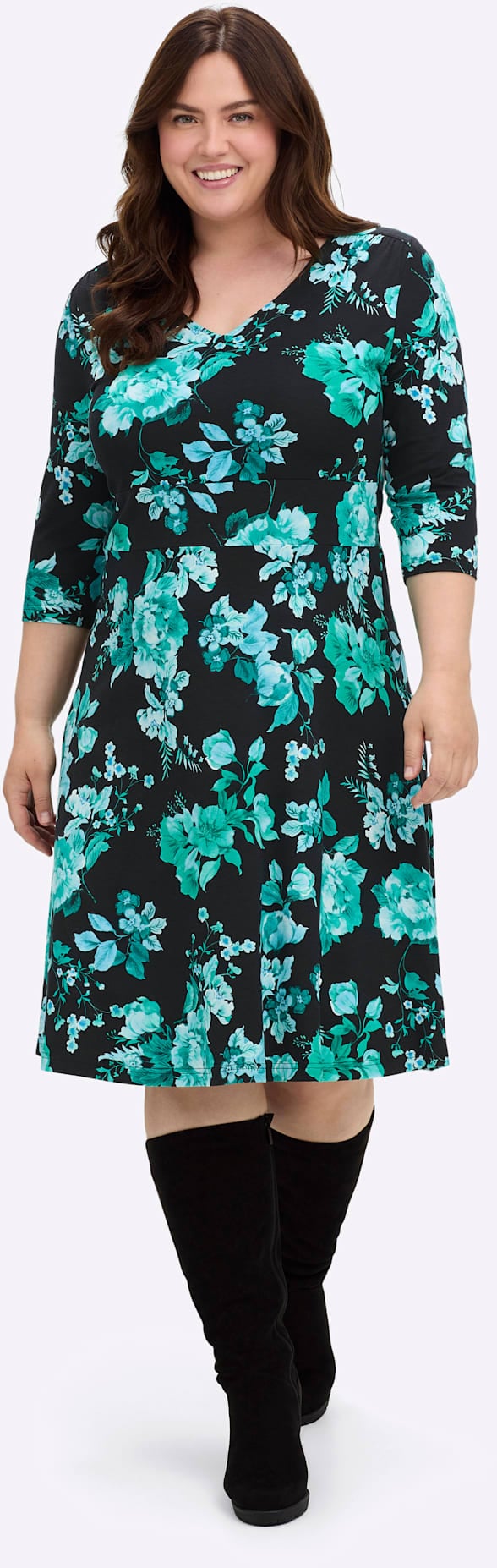 Jerseykleid SHEEGO BY JOE BROWNS "Jersey-Kleid", Damen, Gr. 48, Normalgrößen, schwarz (schwarz, bedruckt), Jersey, 95% Viskose, 5% Elasthan, bedruckt, geblümt, gemustert, mehrfarbig, knielang, V-Ausschnitt, Kleider Jerseykleid