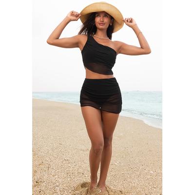 Schwarzes Faltendes Netz Ein-Schulter Bikini-Oberteil und Rock-Set Image