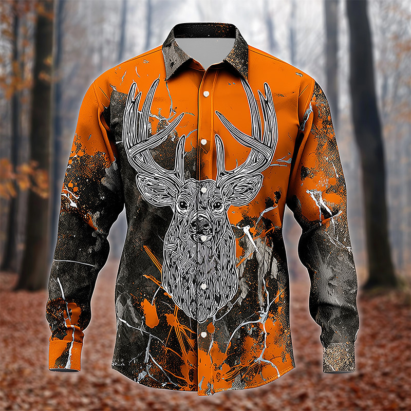 Men's Camo Reindeer Camouflage Shirt Button Up Shirt Long Sleeve Vintage Retro Outdoor Camping Hiking Hunting Spring Fall Turndown 3D Print Linen Like Shirt Orange
