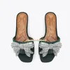 Strass Schleife Karree Flache Hausschuhe Wildleder Blau Flacher Mund Hausschuhe Sommer Luxus Strand Urlaub Damen Schuhe Gladiator