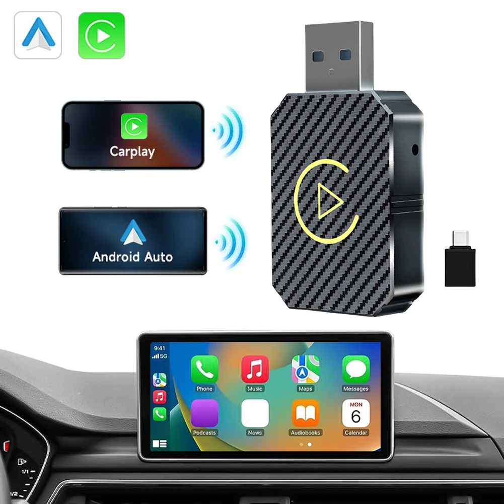 Drahtloser Carplay Android Auto Adapter 2 in 1 Smart AI Box Plug&Play USB Auto Dongle WiFi BT5.0 für kabelgebundenes CarPlay/Andriod Auto Auto Image