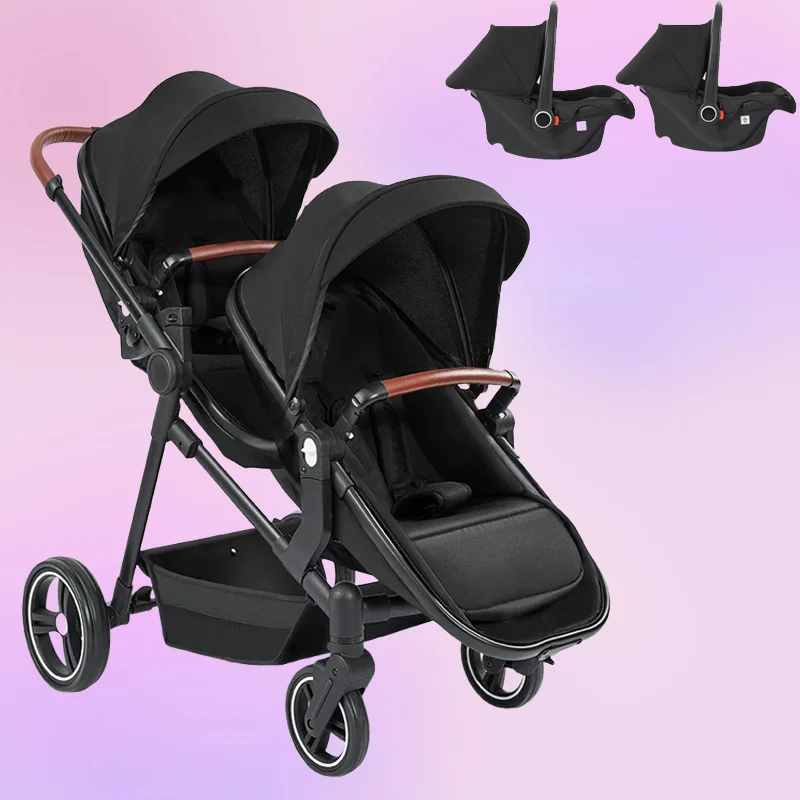 3-in-1-Kinderwagen für Zwillinge mit Autositz. Leichter, kleiner, gefalteter Handgepäck-Kinderwagen, multifunktionale Kinderwagen Image
