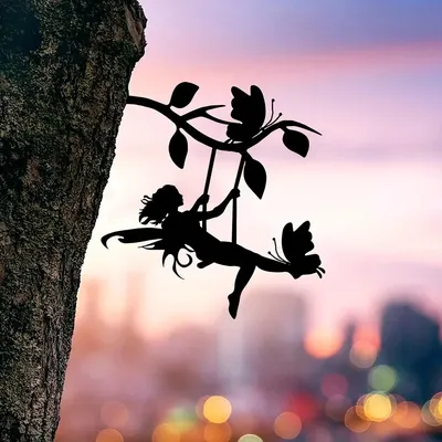 DDPNKL Swing Elf On Branch Steel Silhouette Metal Wall Art Home Garden Yard Patio Statue Stake Decoration oder Garden Party Decor