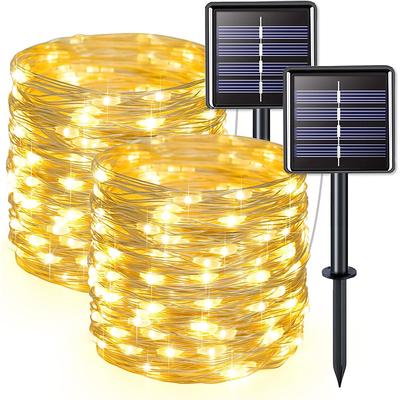 2 Pcs 10M/33FT 100 Led Beads Outdoor IP44 Waterpoof Solar Fairy String Lights Halloween, Christmas, Wedding, Valentine's Day, Courtyard, Lawn, Garden, Festive Atmosphere Decoration, Copper Wire Light