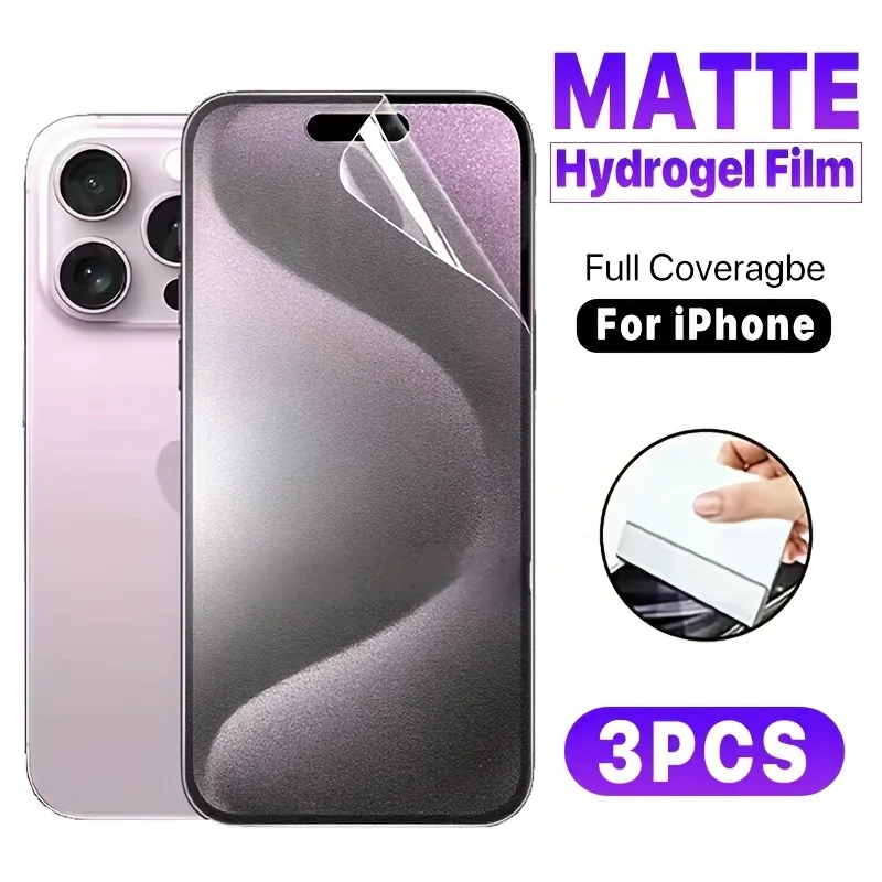 3-teiliger mattierter TPU-Hydrogel-Displayschutz, vollständige Abdeckung, glatte Oberfläche, ölbeständig, kompatibel mit iPhone Image