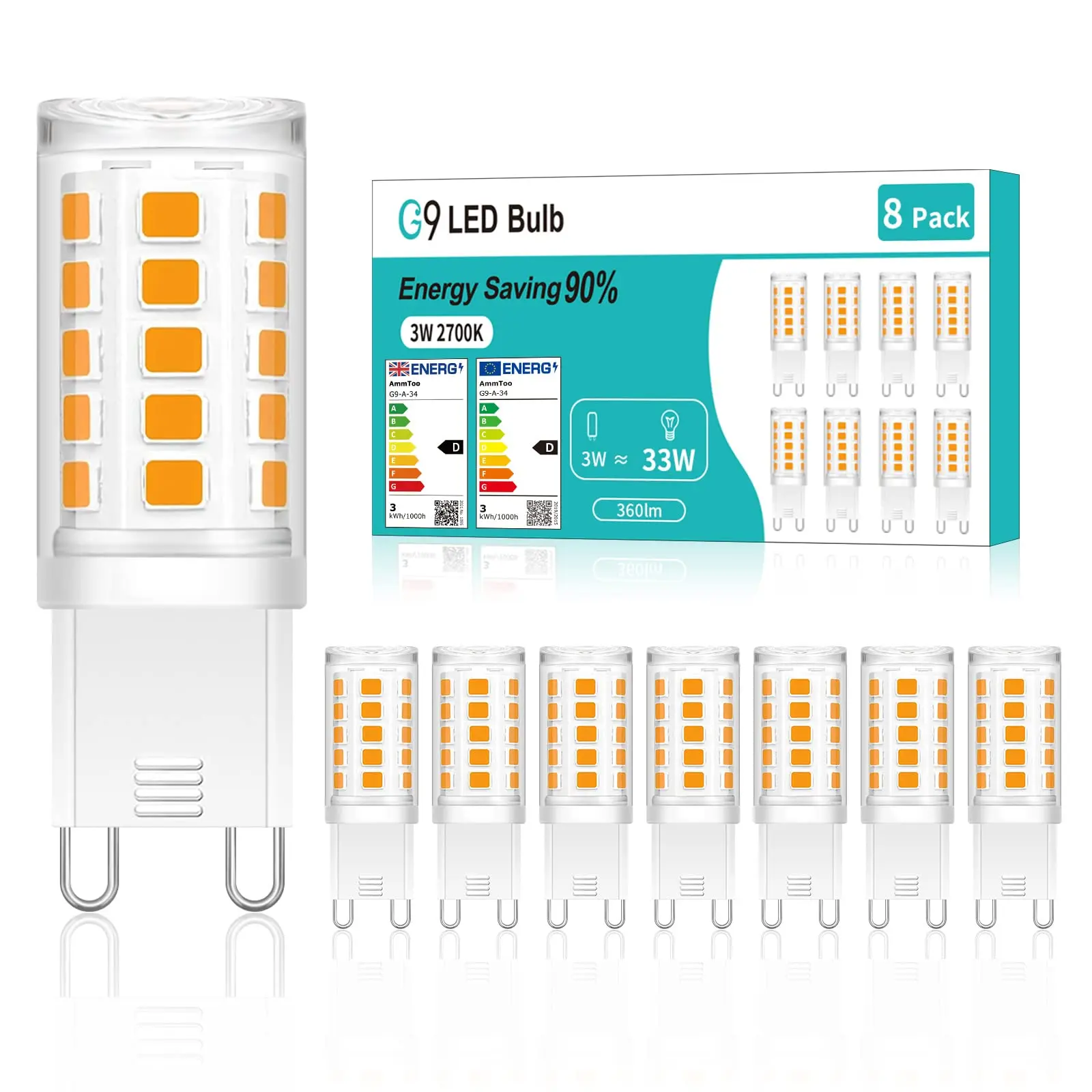 3/8er-Pack G9-LED-Birne, ersetzt 30 W Halogenlampe, 360 lm, 220 V, 3 W, G9-LED-Lampe, Strahler, kein Flimmern, Wohnzimmer-Kronleuchter-Beleuchtung