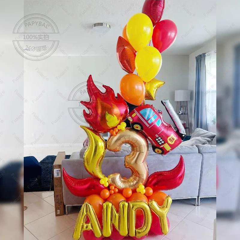 49-teiliges Feuerwehr-Luftballon-Set mit Säulenbogen in Rot, Orange und Gelb für Feuerwehr-Themen-Geburtstagsfeiern Image