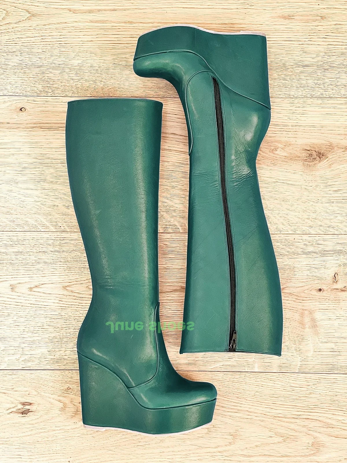 Dame Grün Pu Keile Ferse Knie Stiefel Plattform Zipper Runway Sexy Tanz Stiefel Neu Kommen Herbst Pu Gladiator Knie Stiefel Größe 34-46