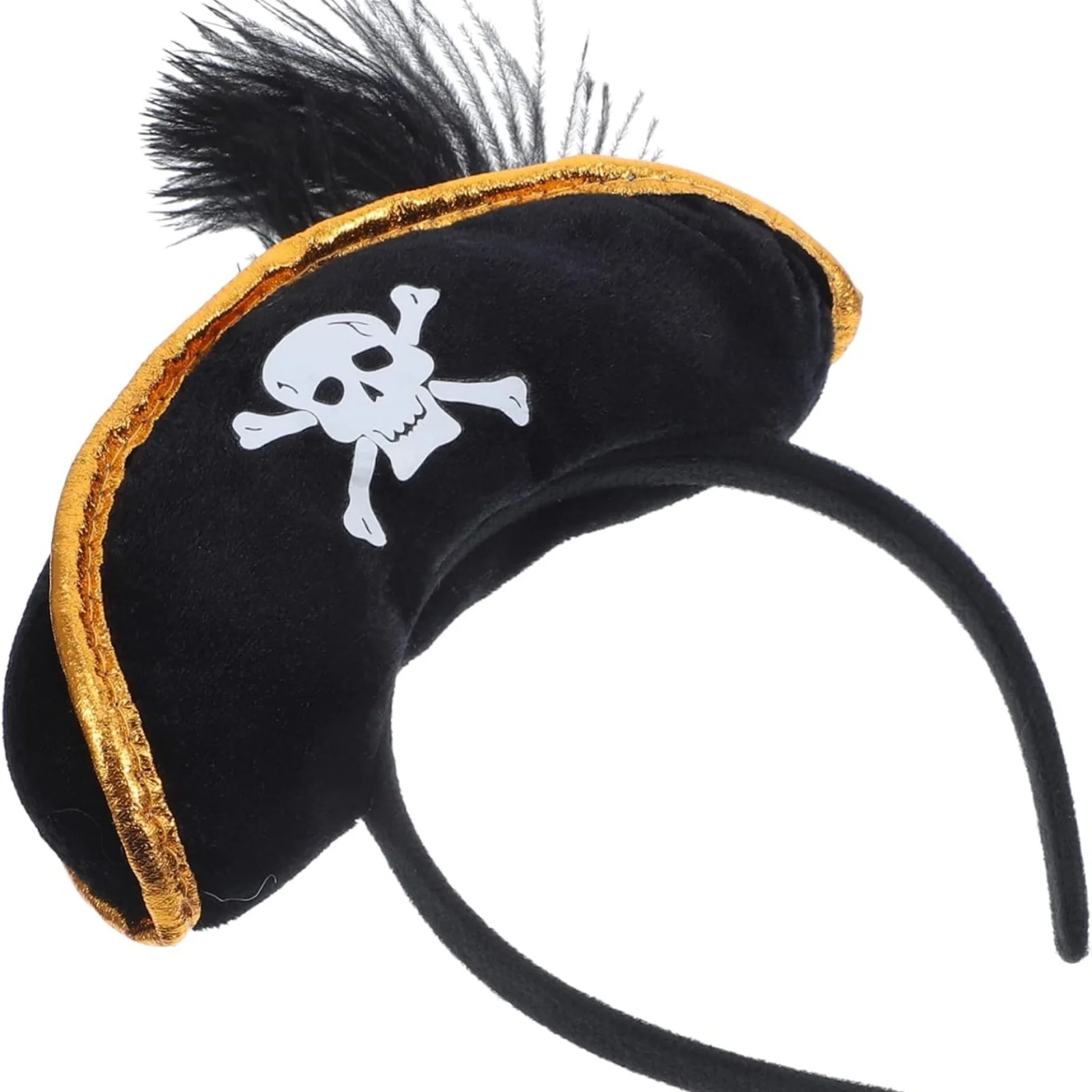 1PC Piratenhut Stirnband mit Totenkopf gekreuzten Knochen und schwarzer Feder, Halloween Kostüm Party Haarschmuck für Cosplay Image