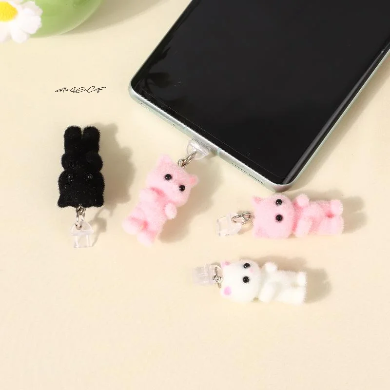 1Pcs Nette Cartoon Katze Staub Stecker Telefon Lanyard Typ-C/USB Beflockung Handy Staub Stecker Lade Port protektoren Image