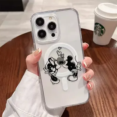 Cartoon Mickey and Minnie Couple Magsafe Wireless Charger Case For iPhone 16 15 14 Pro Max 11 12 13 Plus MINI 16 E Phone Cover