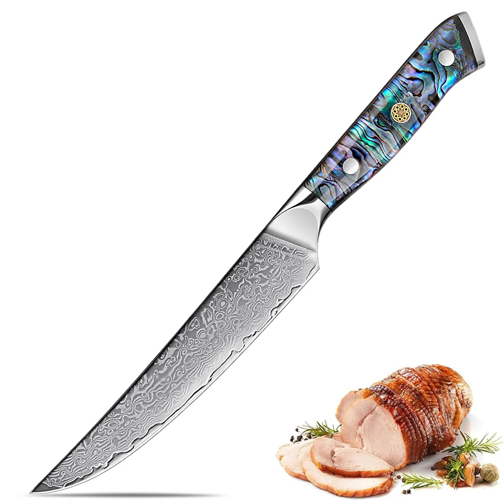 Japanisches Damaststahl-Steak-Westernmesser, Allzweck-Obstmesser, Küchenkochmesser, Acryl-Abalone-Griff, zum Kochen zu Hause, geschnittenes Fleisch Image
