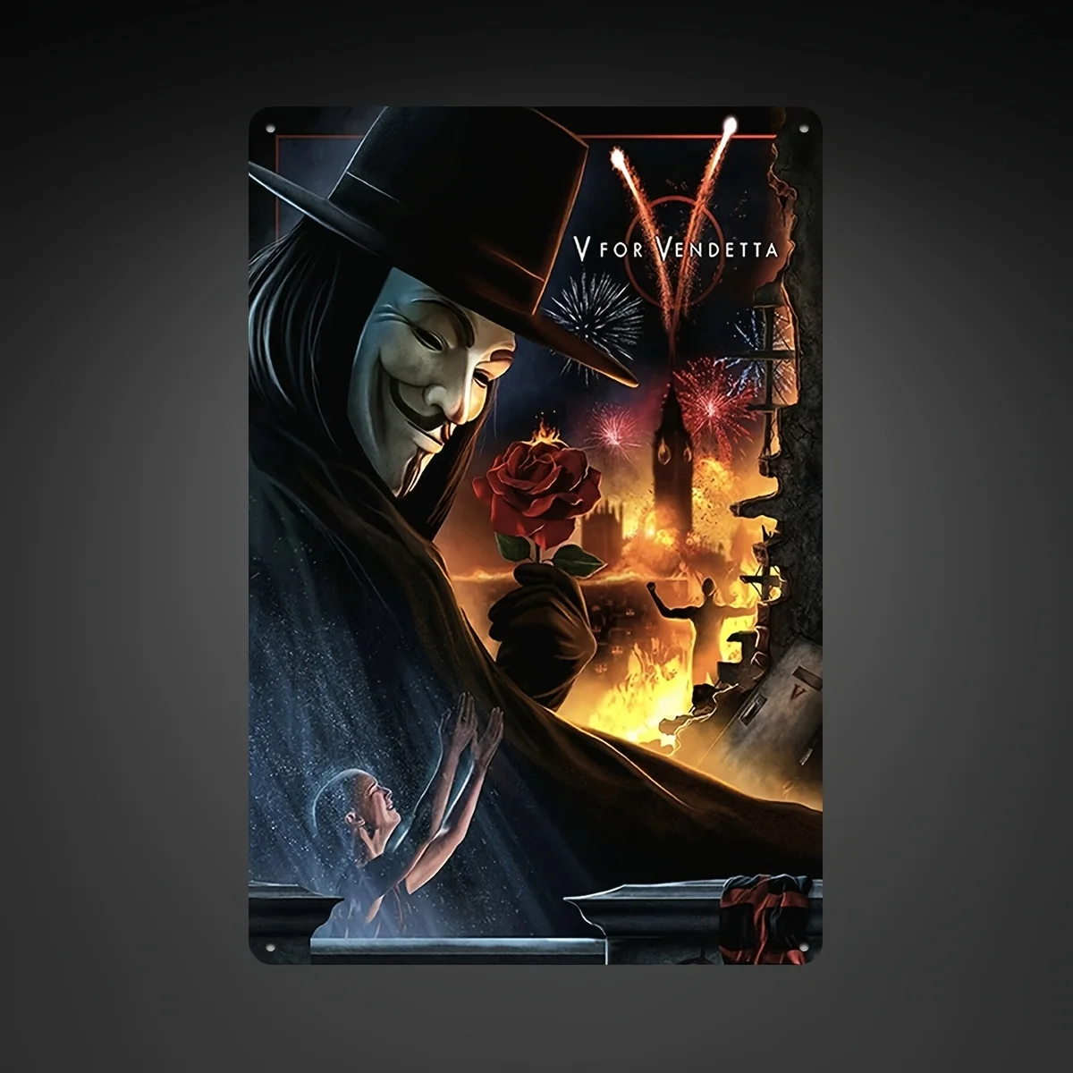 V for Vendetta inspiriertes Metall-Wandkunstschild – Guy Fawkes & Rose Explosion Design, dystopische Filmdekoration für Zuhause, Büro, für M Image