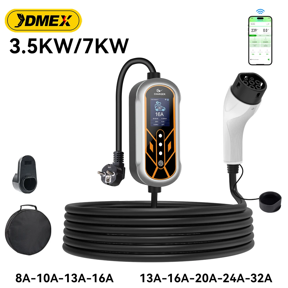 JDMEX 3,5 kW 16 A Elektrofahrzeug-Ladegerät, tragbare kabellose APP-Steuerung, 32 A, 7 kW, IEC 62196-2, 5 m Länge, Typ 2, EV-Aufladung EVSE Image