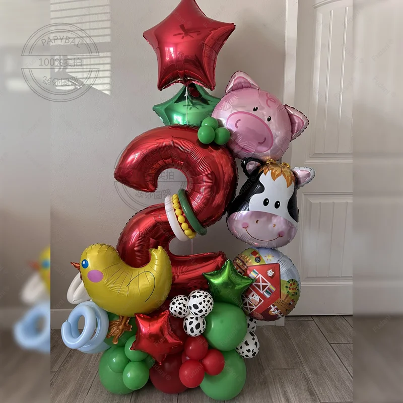 45 stücke Bauernhof Tier Ballon Spalte Digitale Ballon Karton Kuh/Schwein/Huhn Ballon Kind Bauernhof Tiere Alles Gute zum Geburtstag Party Dekorationen Image