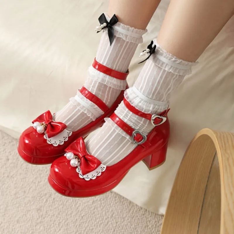 Women's Low Heels Mary Janes Lolitas Shoes Elegant Pumps Straps Sweet White Red Black Office Wedding Shoes Girls Large Size 45