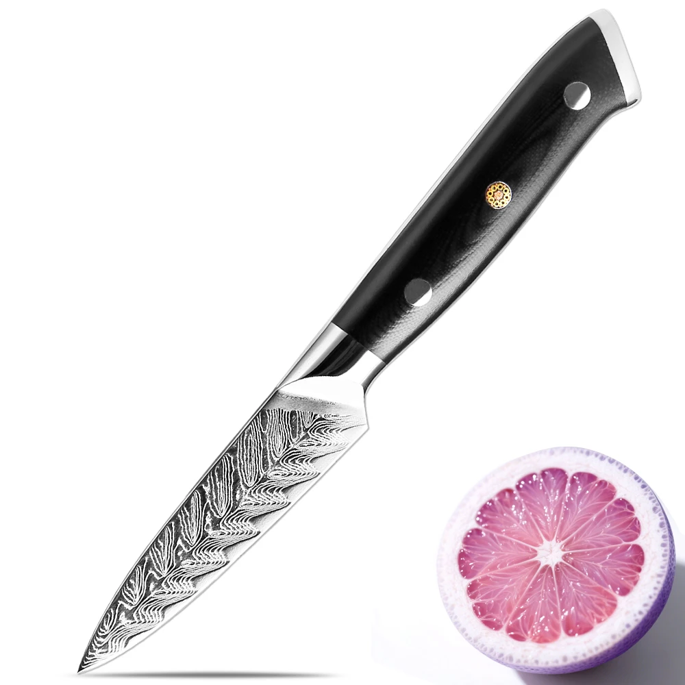Professionelles Schälmesser aus japanischem Damaststahl, scharf, 8,9 cm, Obstmesser, Küche, kleines Messer, Schälmesser, schwarzer G10-Griff