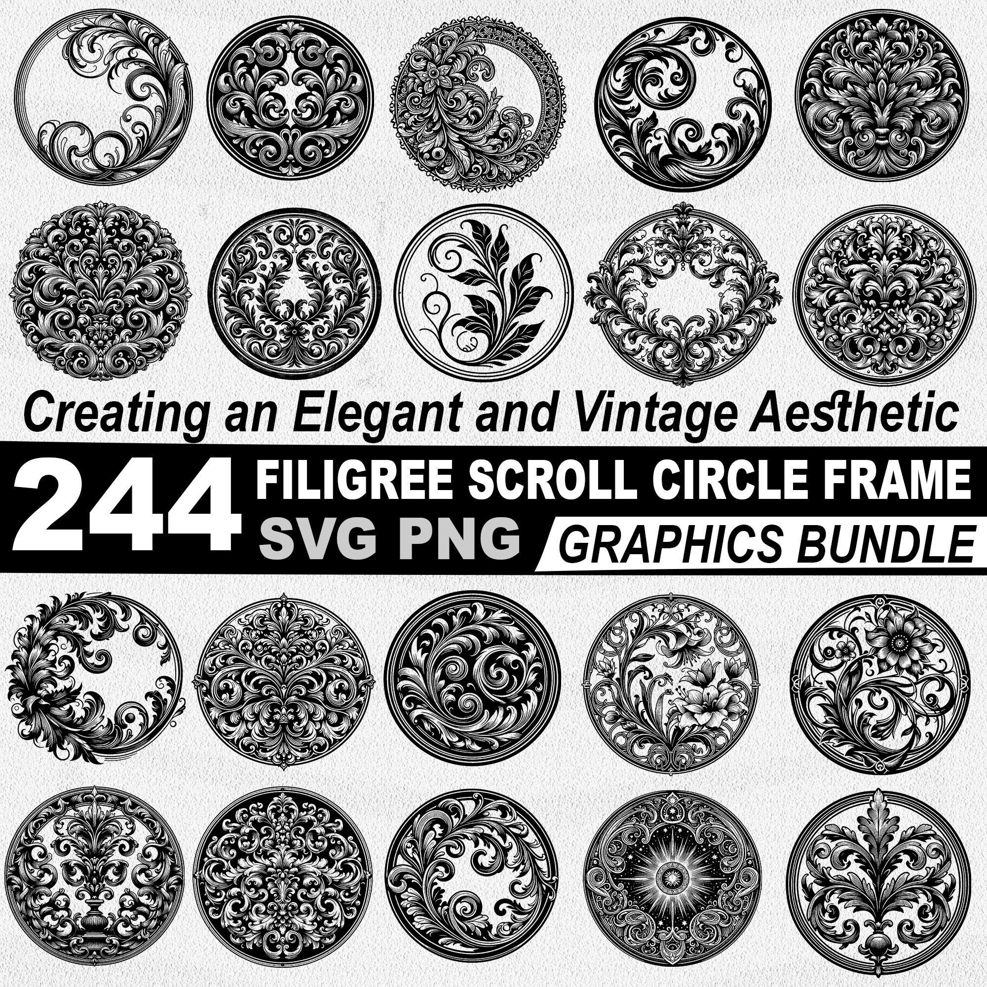 Pacchetto SVG con cornice circolare a spirale in filigrana / SVG con cornice rotonda ornata / File di taglio con spirale decorativa / Cornice in filig
