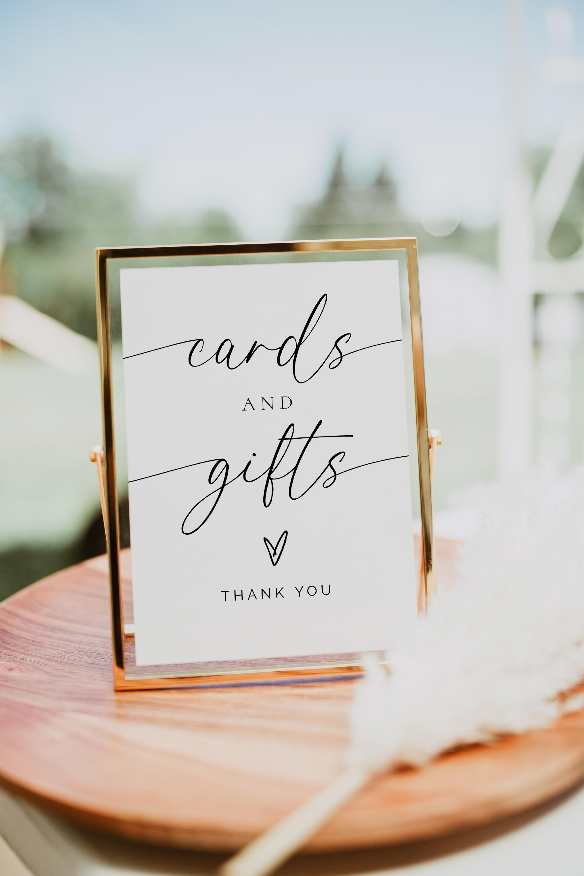 Cartello minimalista per biglietti e regali, cartello semplice per tavolo da regalo, cartello moderno per matrimonio, modello stampabile per cartello