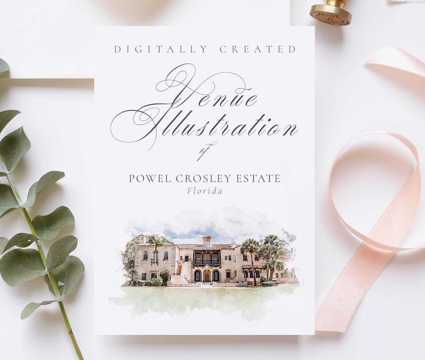 File di illustrazione della location per matrimoni di The Powel Crosley Estate USA - creato da pennelli per acquerelli digitali scaricabili in formato