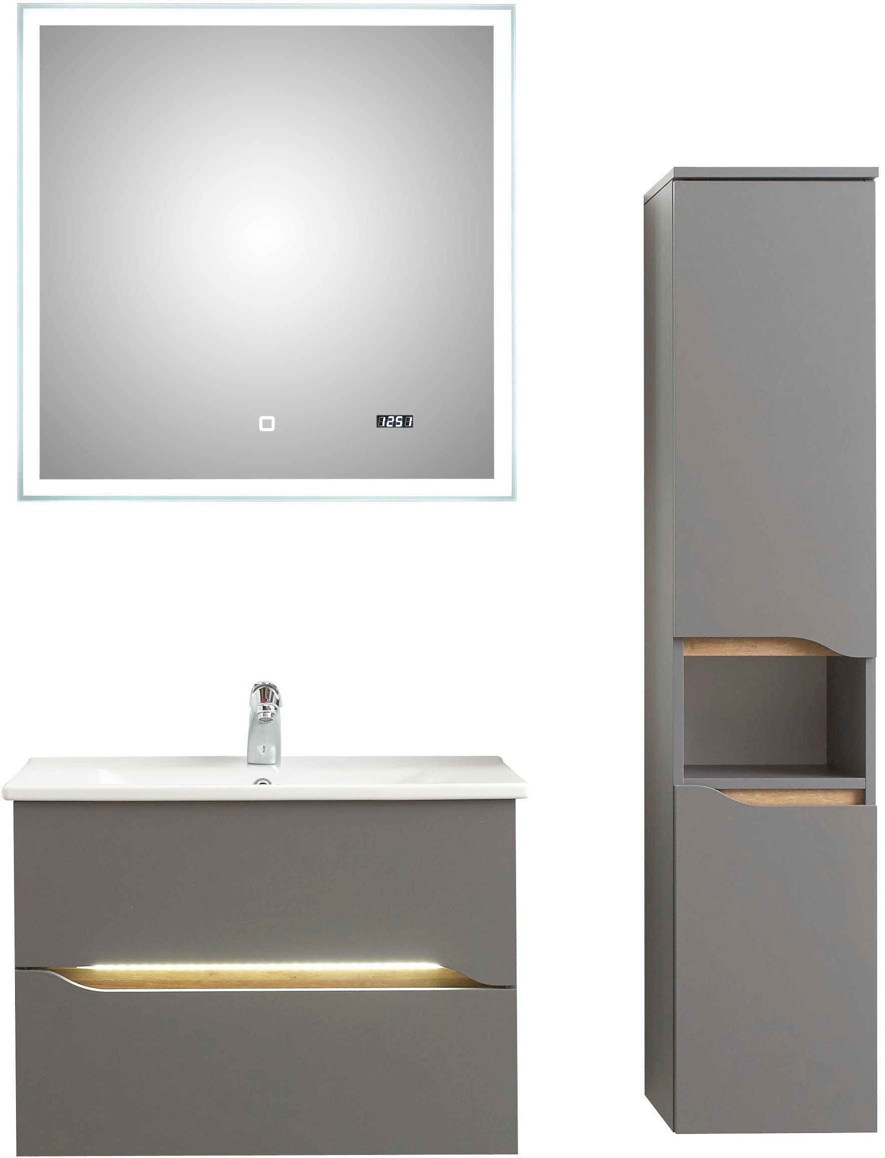 Badmöbel-Set SAPHIR "Quickset 3-teilig, Keramik-Waschtisch mit LED-Spiegel", grau (quarzgrau matt touch, quarzgrau matt, akzent riviera eiche quer nb), Kastenmöbel-Sets, mit Midischrank, inkl. Türdämpfer, 2 Türen, 1 Nische, 2 Schubladen Image