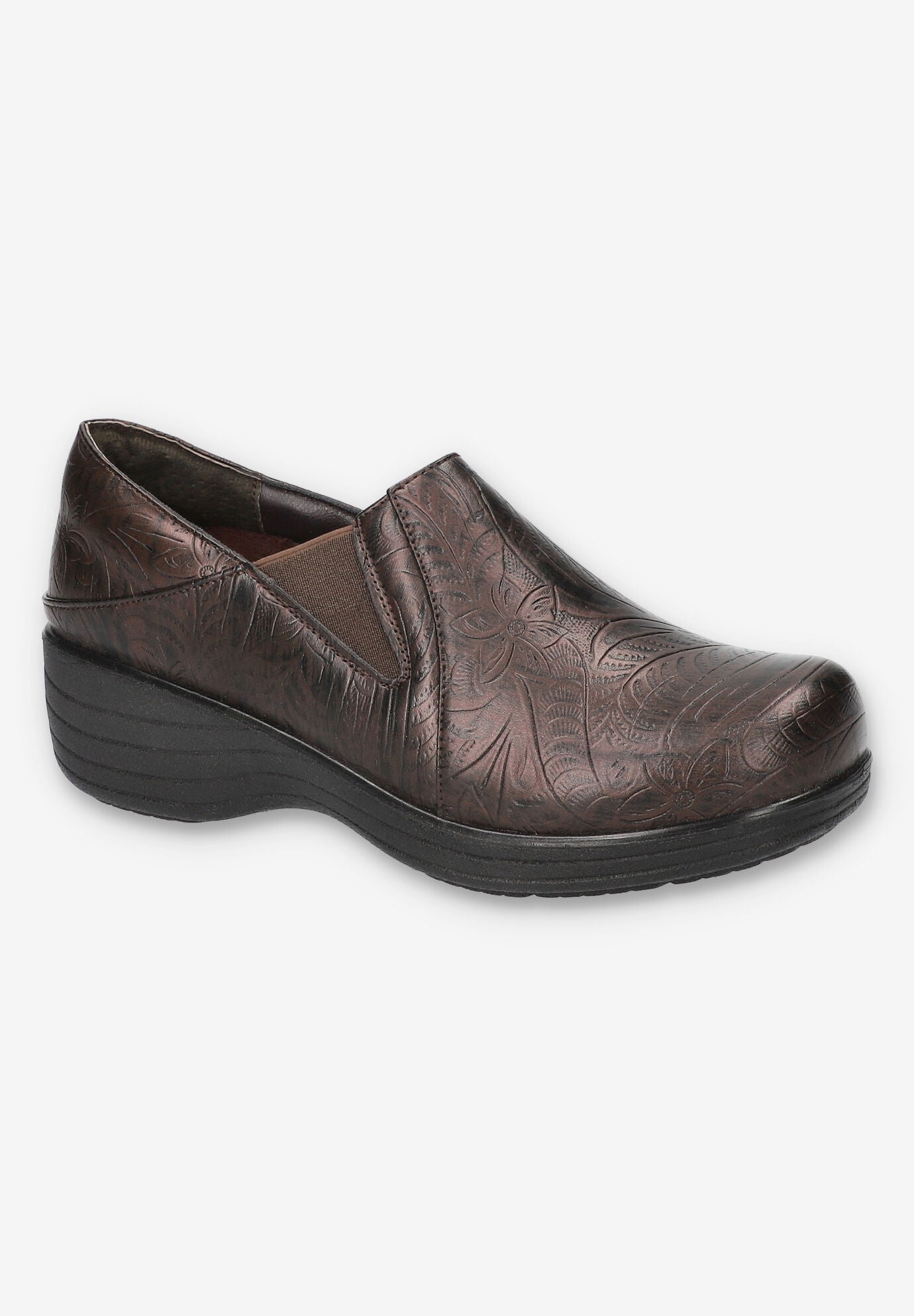 Women's Domino Slip-Resistant Clog by Easy Works in Brown Tooled (Size 10 XW)