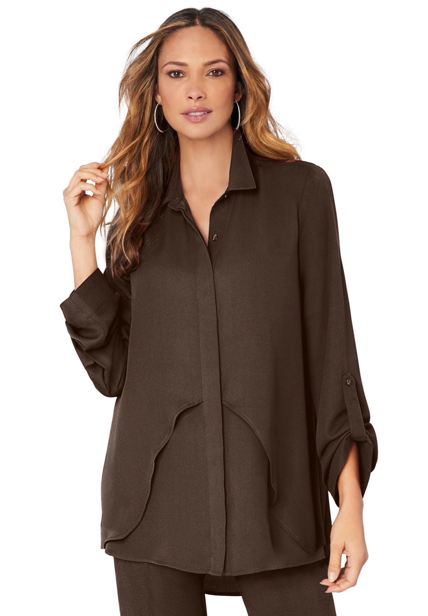 Plus Size Women's Georgette Overlay Big Shirt by Roaman's in Chocolate (Size 30 W) Long Shirt Blouse