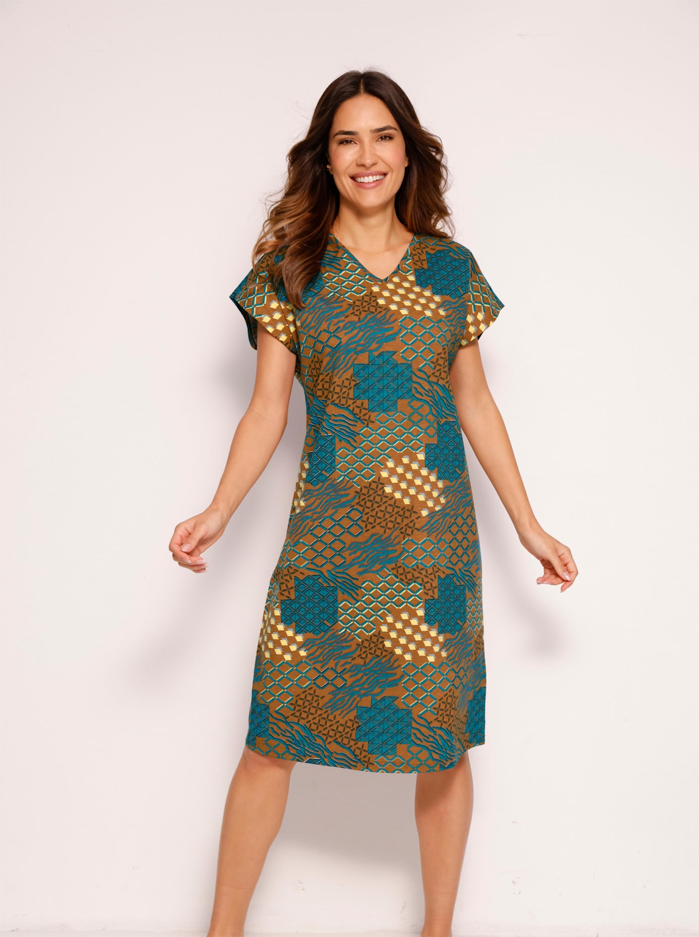Sommerkleid "Sommerkleid", Damen, Gr. 48/50, Normalgrößen, blau (rotbraun, petrol, bedruckt), 100% Baumwolle, gemustert, mehrfarbig, kurz, V-Ausschnitt, Kleider Image