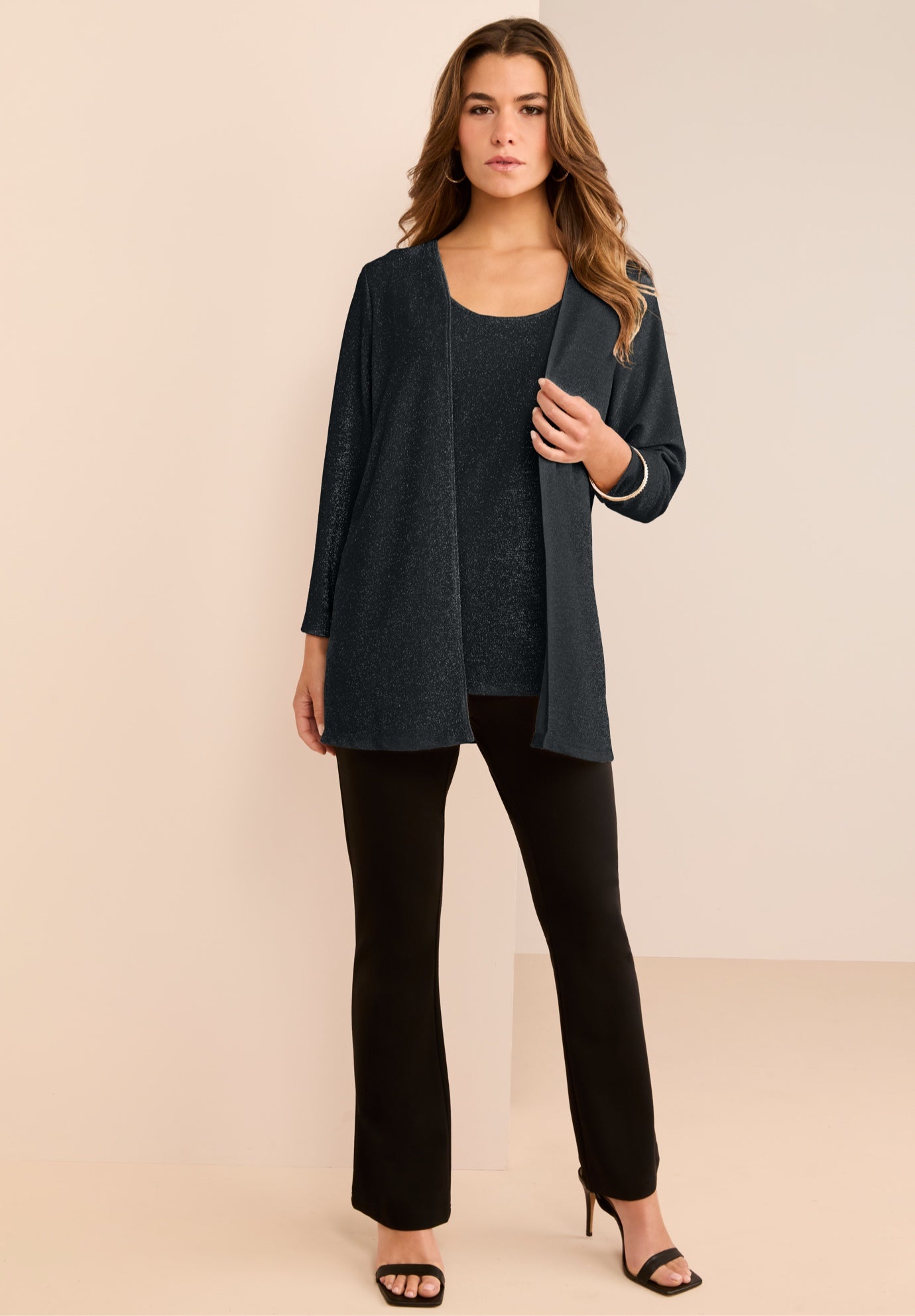 Plus Size Women's Glitter Tank Top and Cardigan Twinset by Roaman's in Black (Size 26/28)
