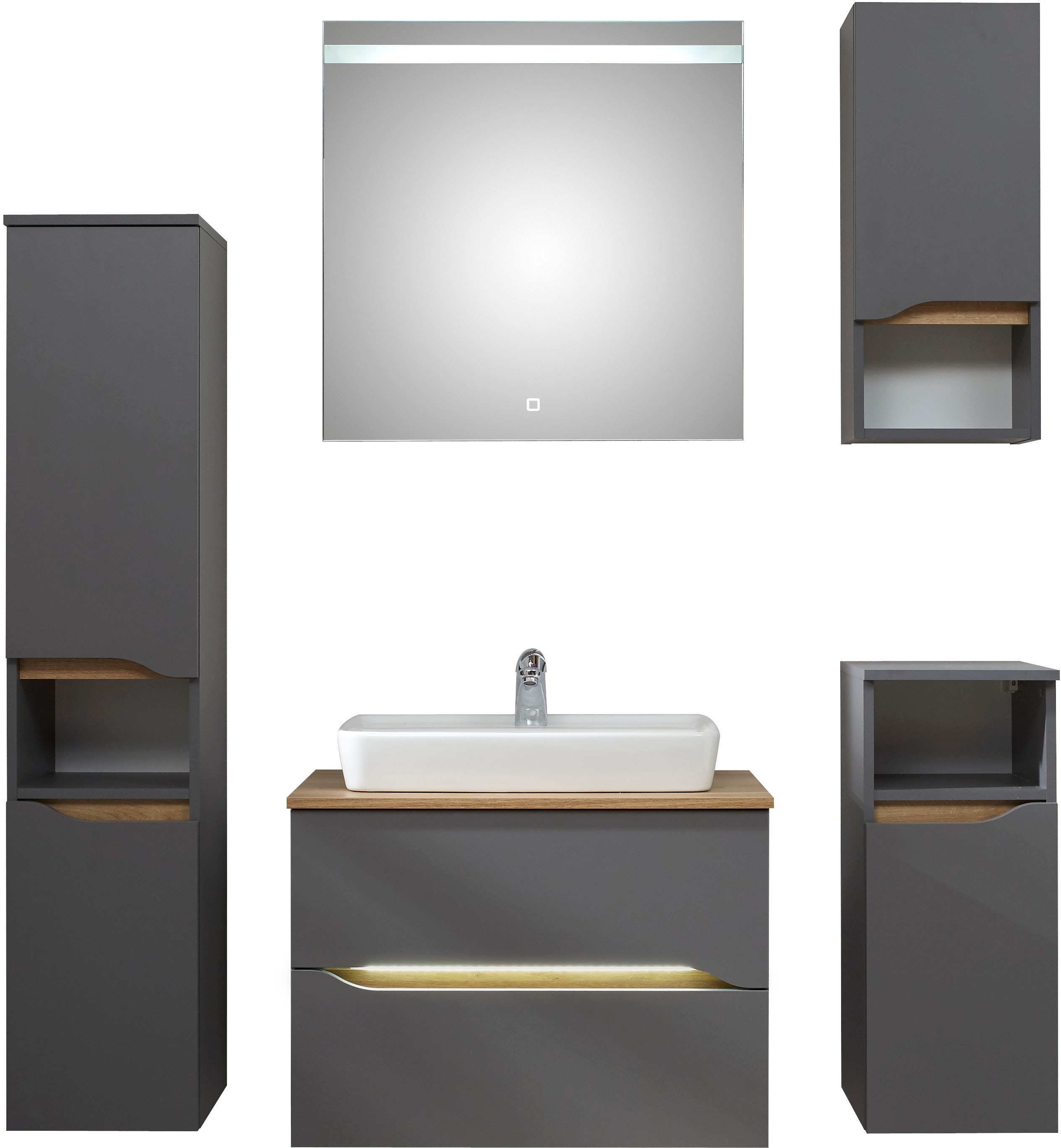 Badmöbel-Set SAPHIR "Quickset 5-teilig, Keramik-Aufsatzbecken mit LED-Spiegel", grau (quarzgrau matt touch, quarzgrau matt, akzent riviera eiche quer nb), Kastenmöbel-Sets, Midischrank, Unterschrank, Hängeschrank, inkl. Türdämpfer, 6 Türen Image