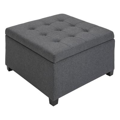 Button-Tufted Storage Ottoman with Flip-Top Seat and Linen-Texture Cushion Wood Frame