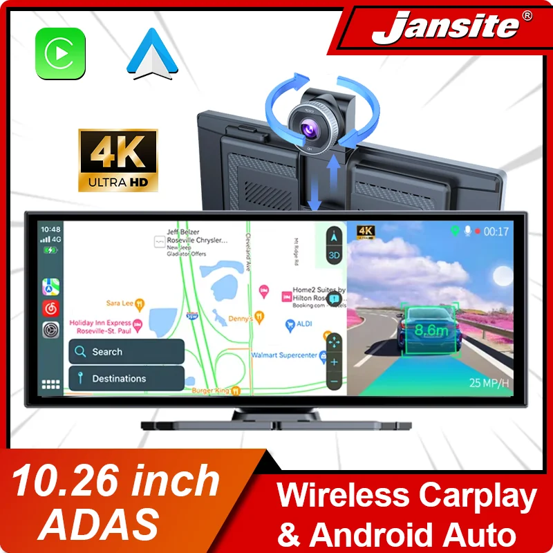 10,26 Zoll 4K ADAS DVR Wireless CarPlay Android Auto Dash Cam Bluetooth Audio GPS Navigation Dashboard Dual Lens Video Recorder Image