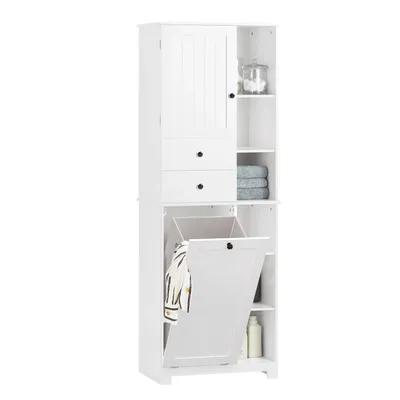 SoBuy BZR104-W Bathroom Storage Cabinet with Laundry Basket Slim Freestanding Bathroom Unit Narrow Storage Cupboard with Shelves